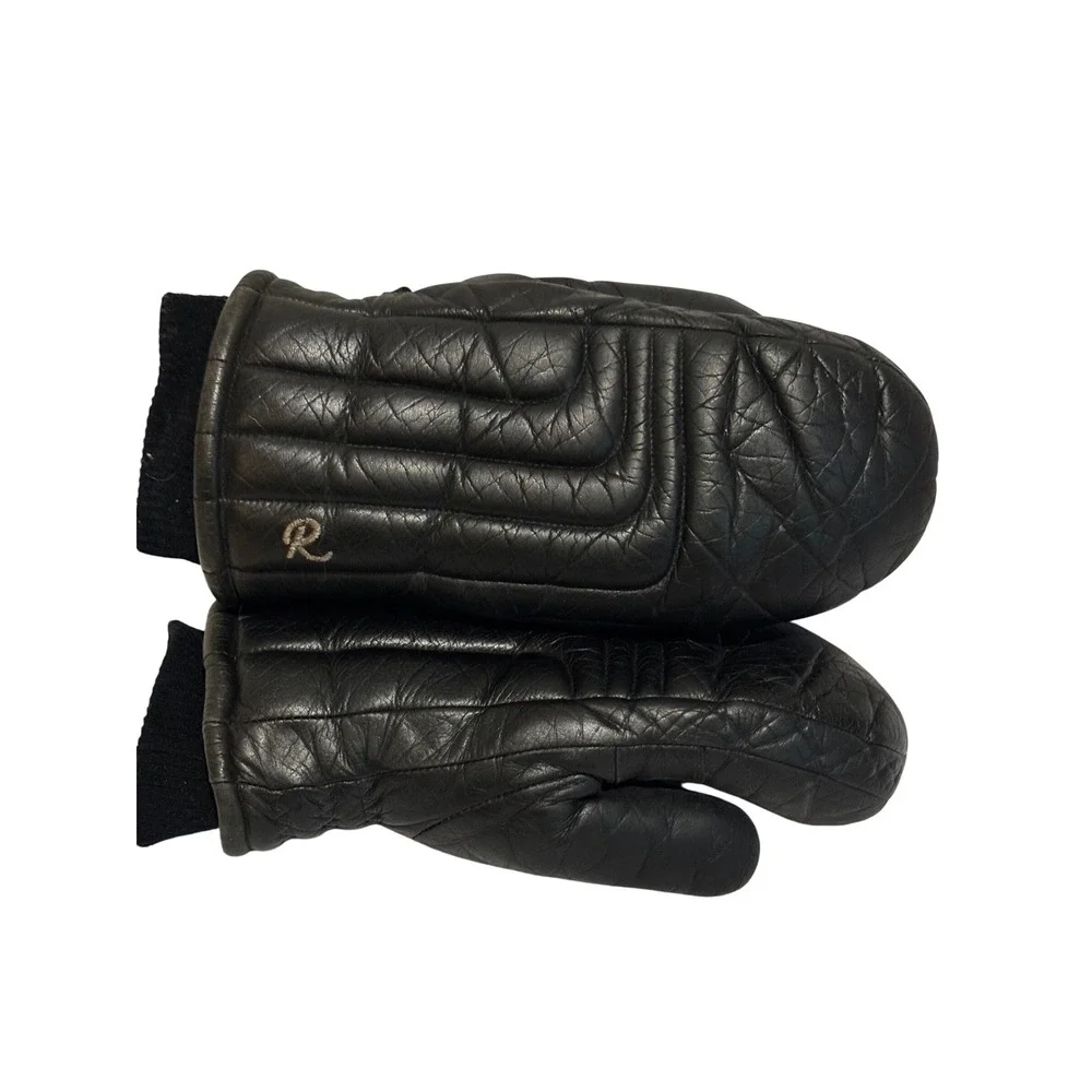 Roffe Vintage Black Leather Quilted Ski Mittens Ladies Sz L Japan retro warm 70s